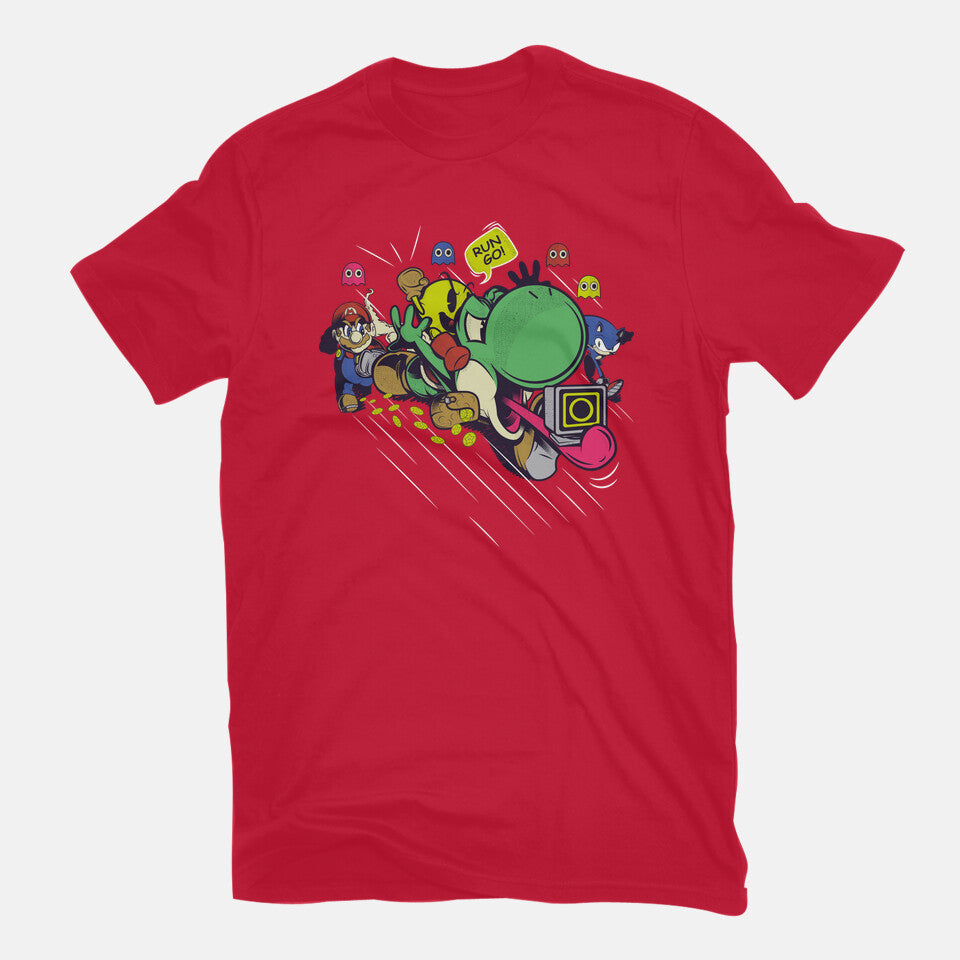 Run. Go! – Gaming Graphic T-Shirt in red, flat-lay product view