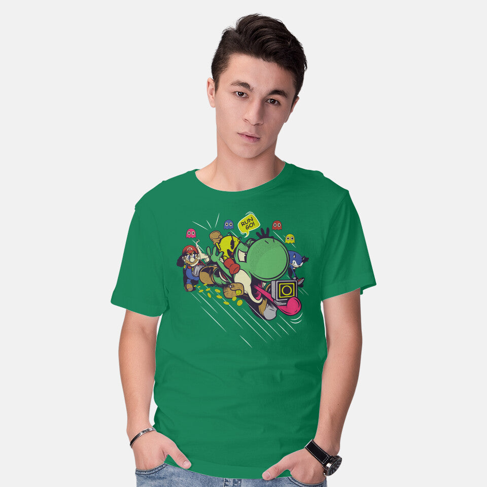 Model wearing green Run. Go! – Gaming Graphic T-Shirt