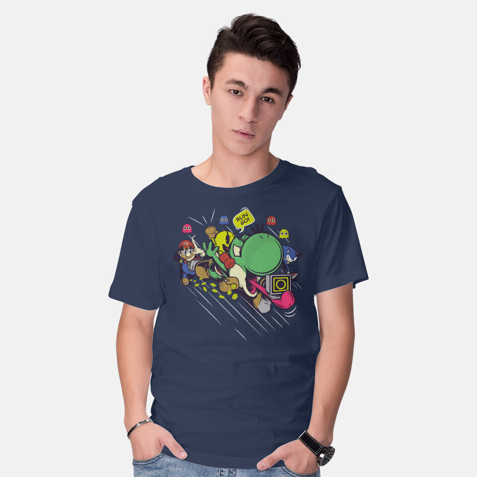 Model wearing navy Run. Go! – Gaming Graphic T-Shirt