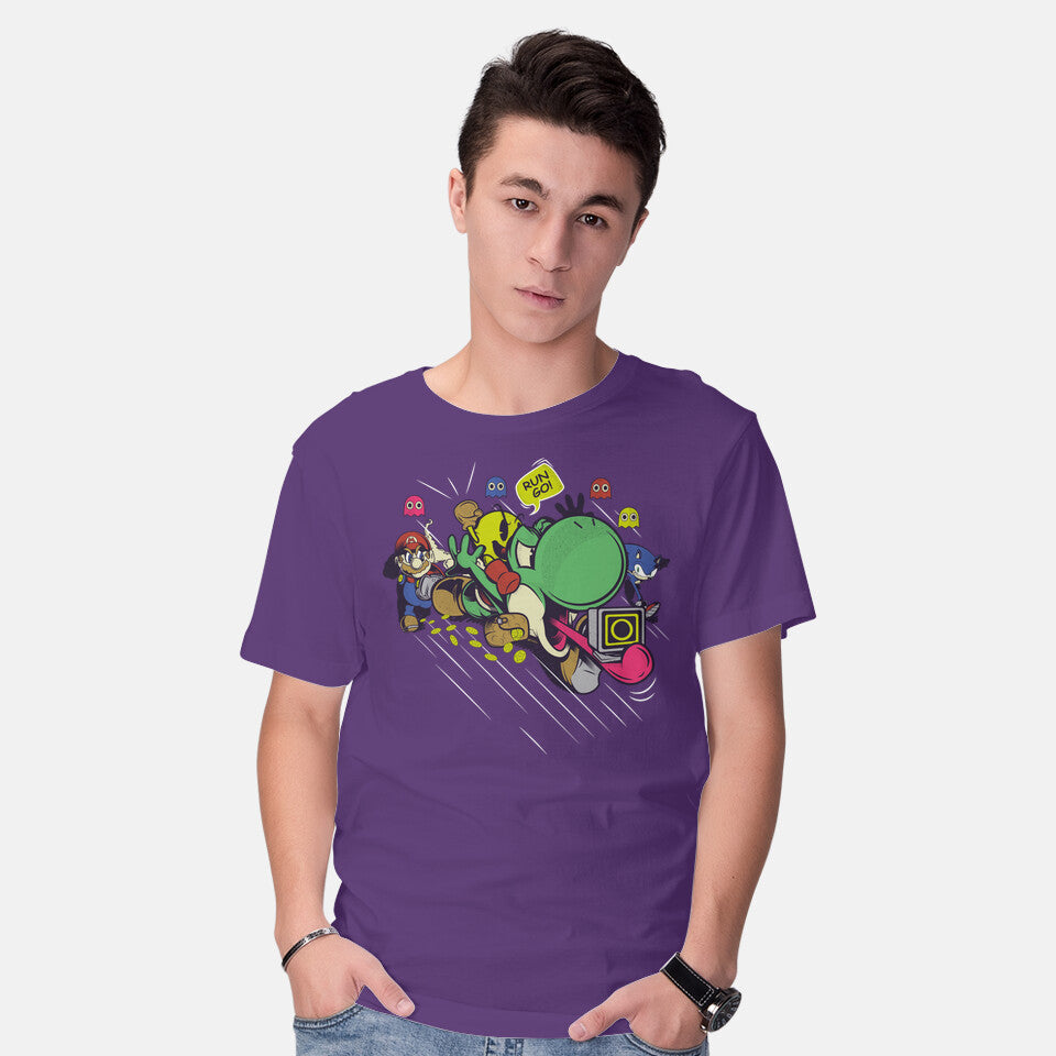 Model wearing purple Run. Go! – Gaming Graphic T-Shirt