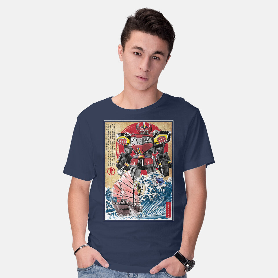 Model wearing navy Megazord In Japan Graphic T-Shirt