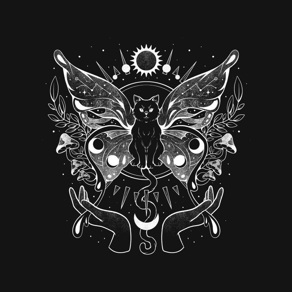 Metamorfurry Mystic Cat – Cat Graphic T-Shirt design artwork for black graphic T-shirt