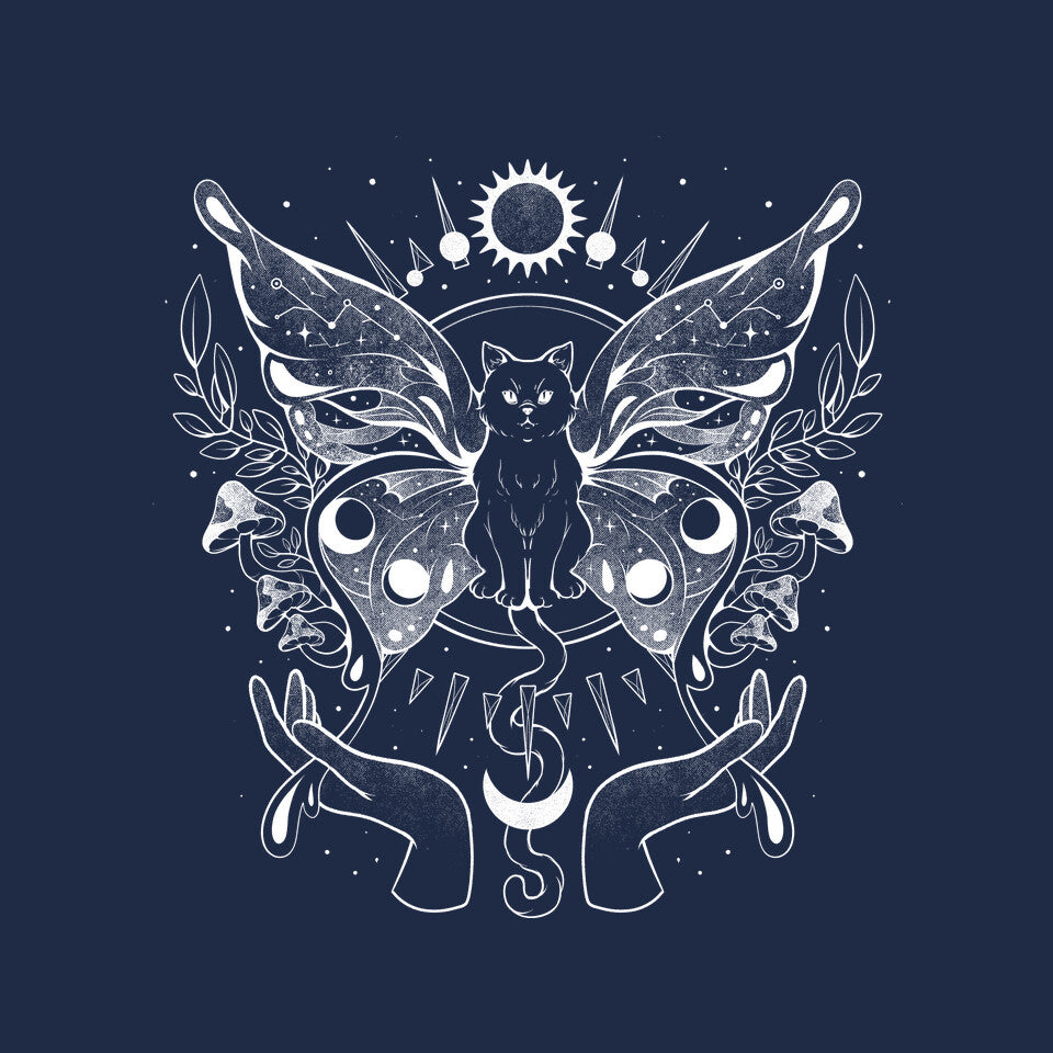 Metamorfurry Mystic Cat – Cat Graphic T-Shirt design artwork for navy graphic T-shirt