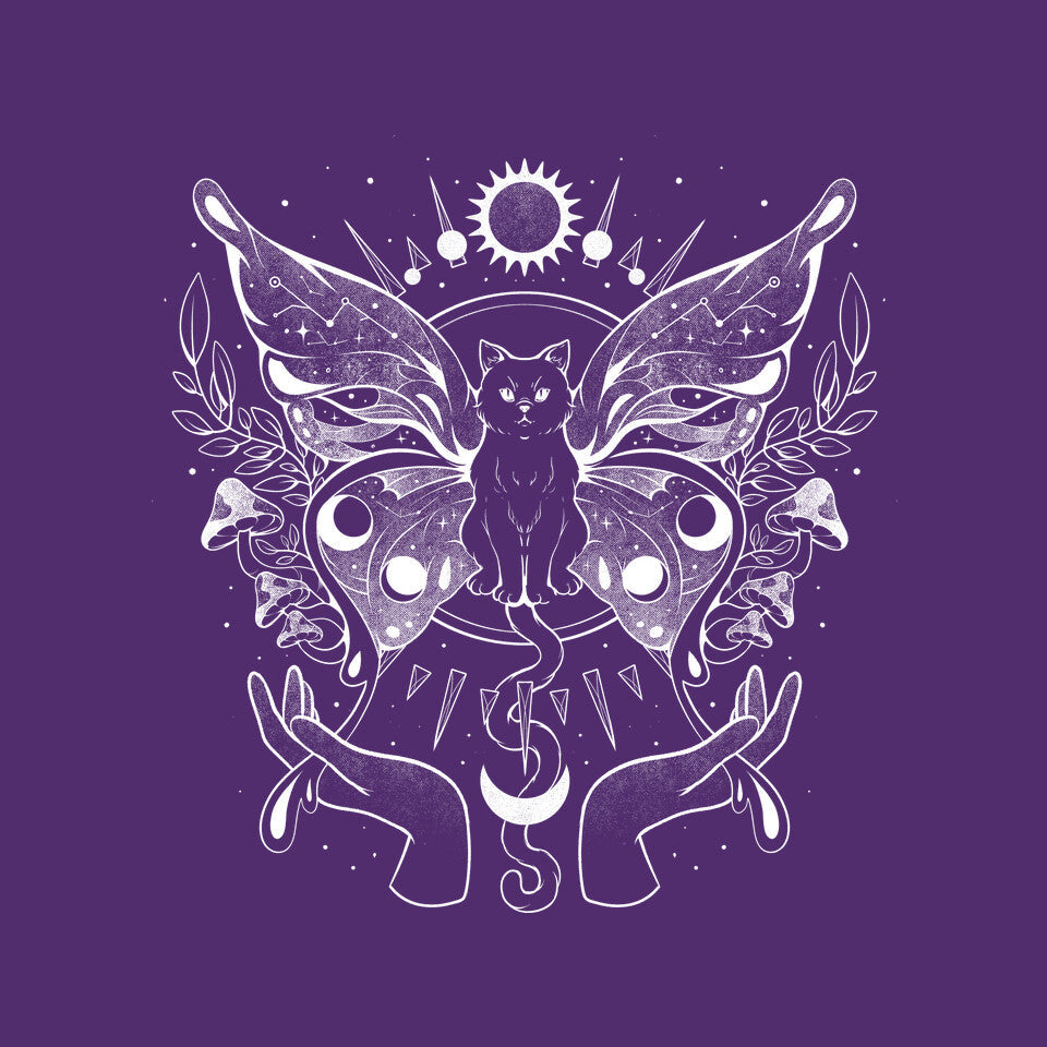Metamorfurry Mystic Cat – Cat Graphic T-Shirt design artwork for purple graphic T-shirt