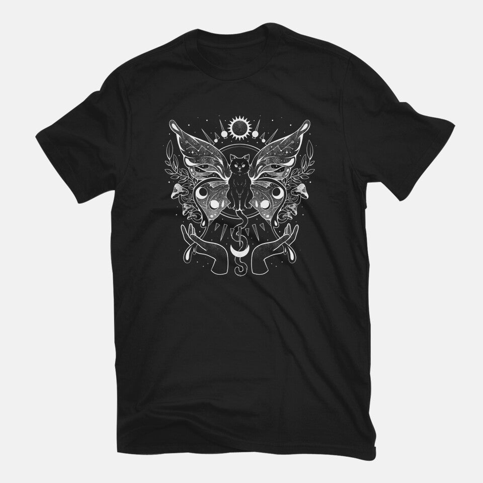 Metamorfurry Mystic Cat – Cat Graphic T-Shirt in black, flat-lay product view