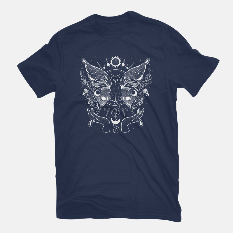 Metamorfurry Mystic Cat – Cat Graphic T-Shirt in navy, flat-lay product view