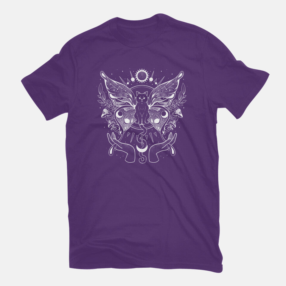 Metamorfurry Mystic Cat – Cat Graphic T-Shirt in purple, flat-lay product view