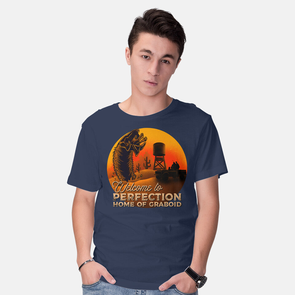 Model wearing navy Tremor – Horror Graphic T-Shirt