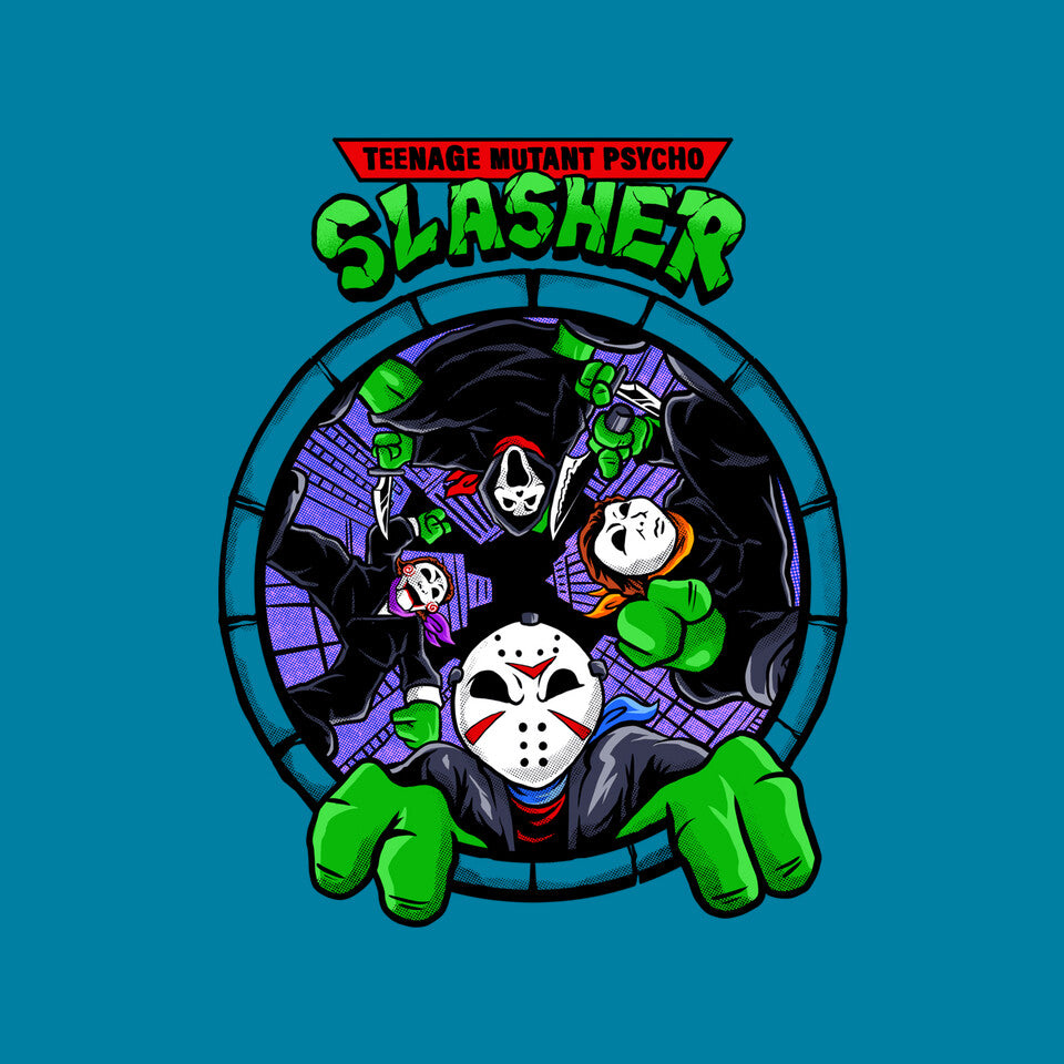 Four Slashers – Horror Graphic T-Shirt design artwork for turquoise graphic T-shirt