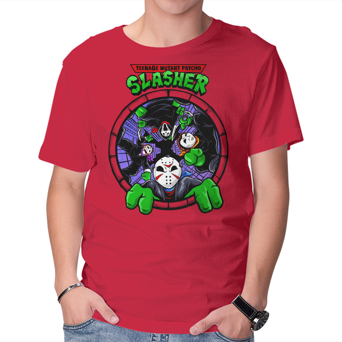 Four Slashers – Horror Graphic T-Shirt in red, product display