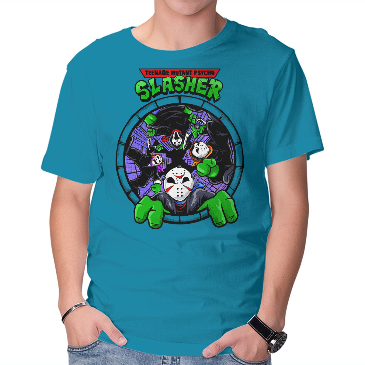Four Slashers – Horror Graphic T-Shirt in turquoise, product display