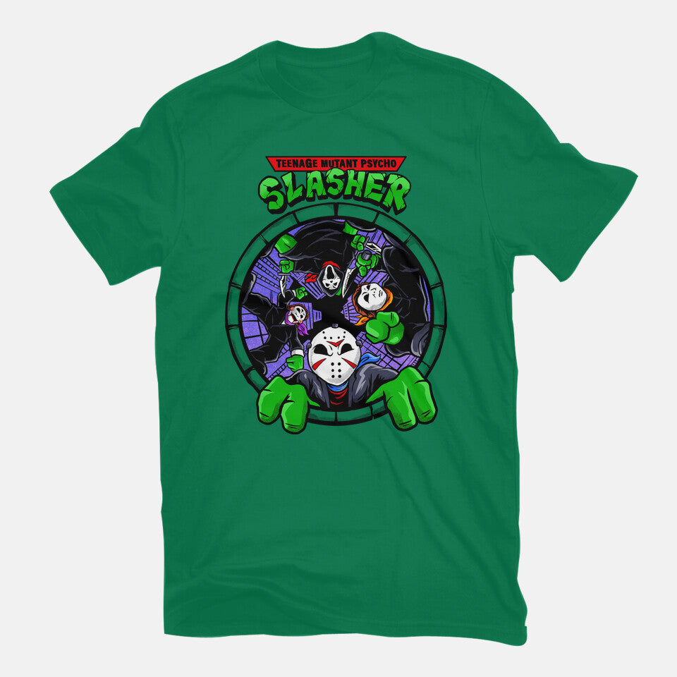 Four Slashers – Horror Graphic T-Shirt in green, flat-lay product view