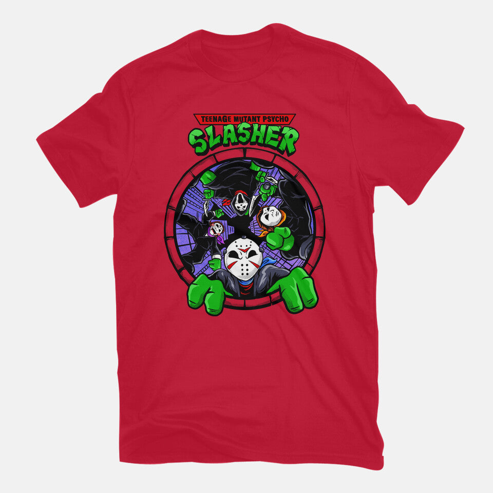 Four Slashers – Horror Graphic T-Shirt in red, flat-lay product view