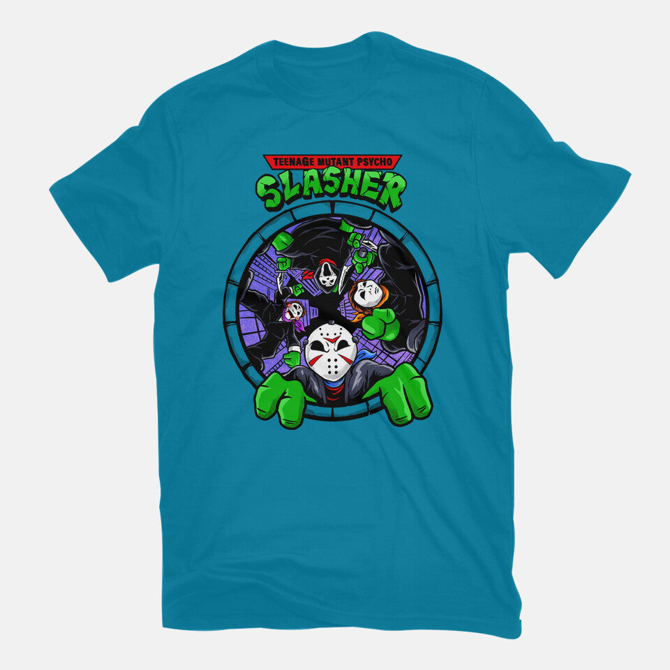Four Slashers – Horror Graphic T-Shirt in turquoise, flat-lay product view