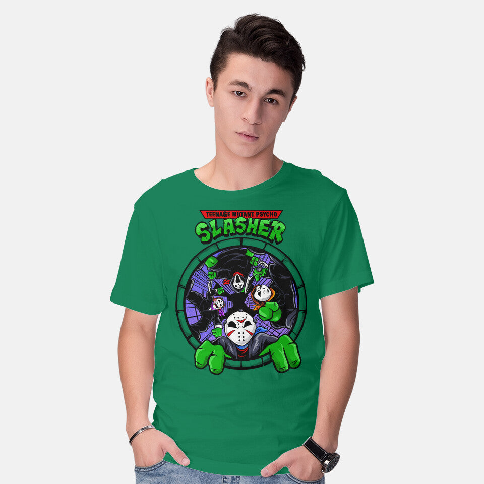 Model wearing green Four Slashers – Horror Graphic T-Shirt