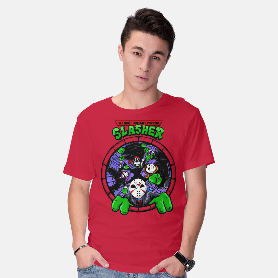 Model wearing red Four Slashers – Horror Graphic T-Shirt