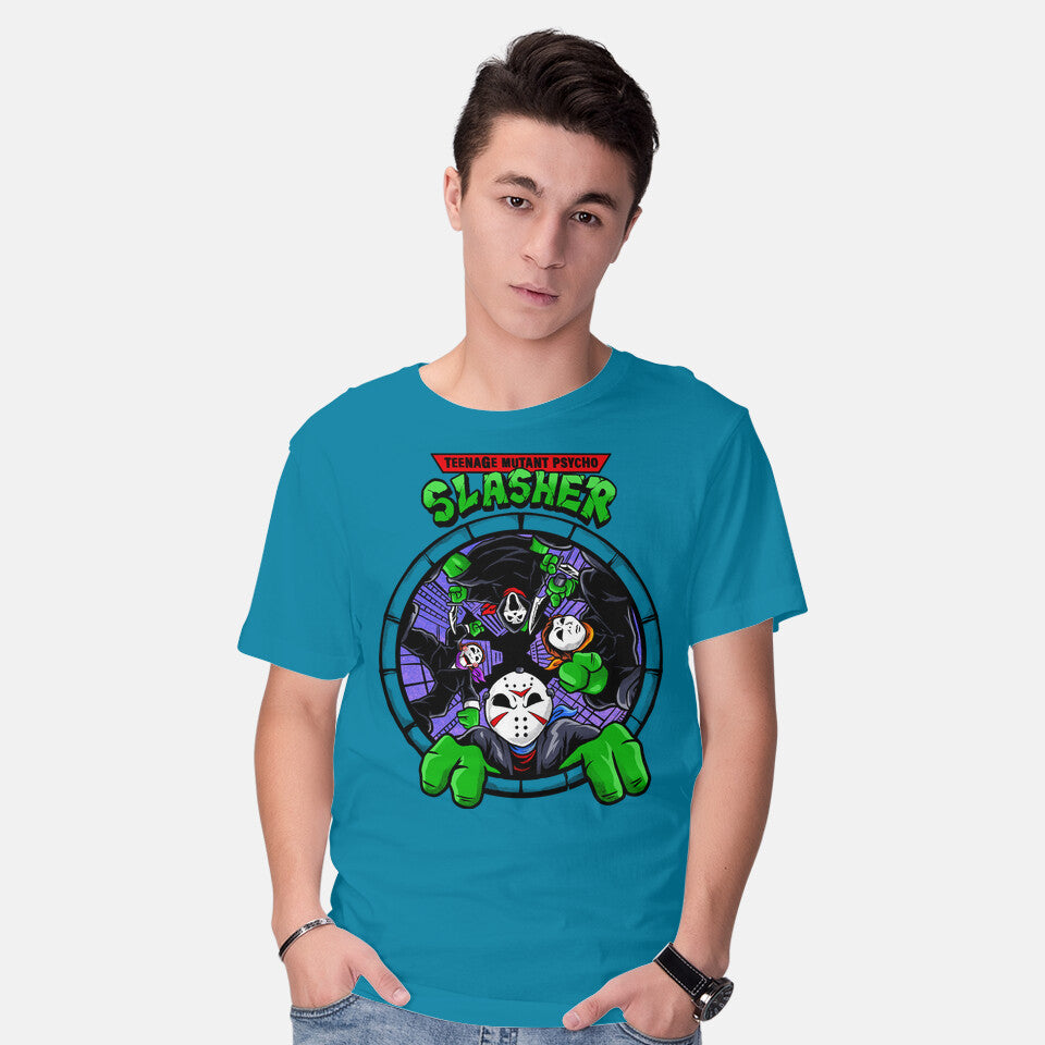 Model wearing turquoise Four Slashers – Horror Graphic T-Shirt