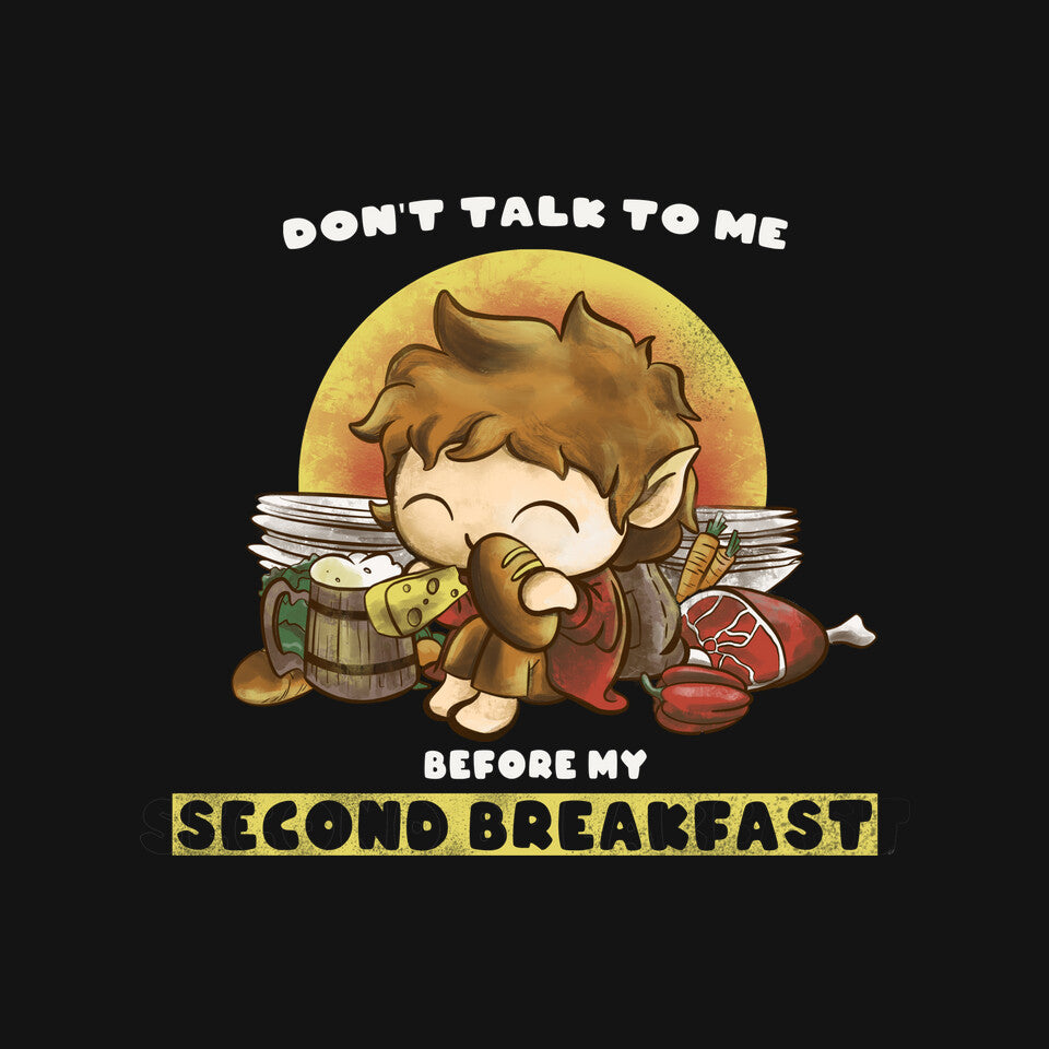 Second Breakfast – Fantasy Graphic T-Shirt design artwork for black graphic T-shirt