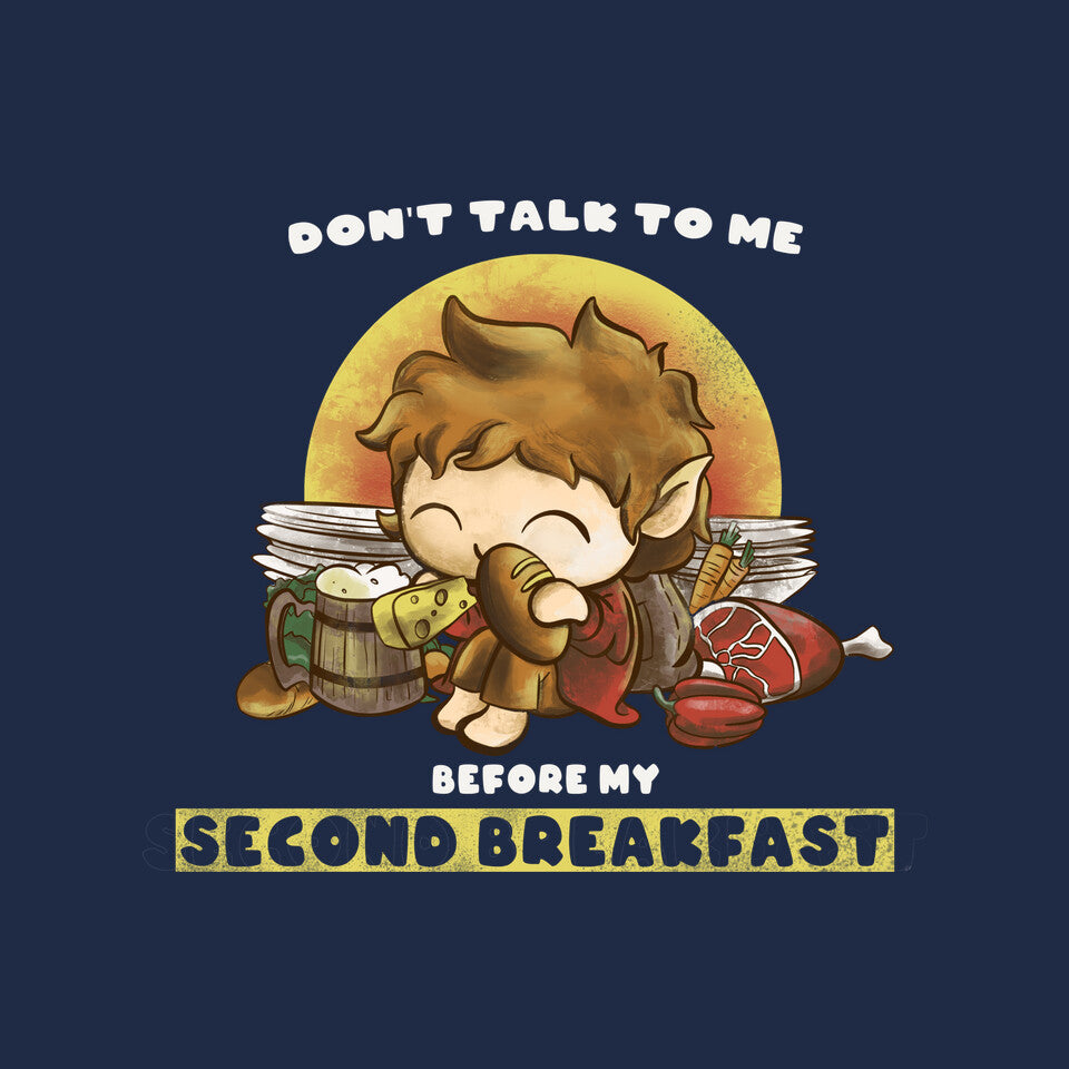 Second Breakfast – Fantasy Graphic T-Shirt design artwork for navy graphic T-shirt