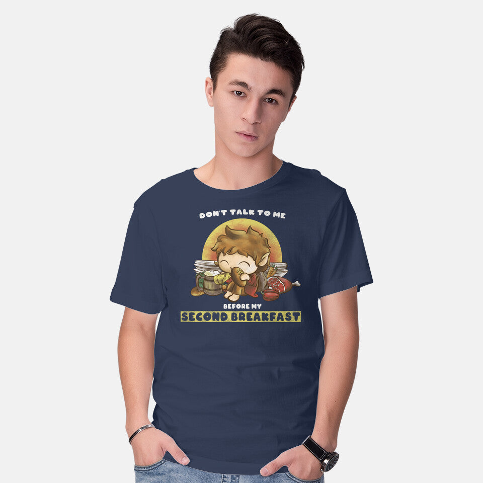 Model wearing navy Second Breakfast – Fantasy Graphic T-Shirt