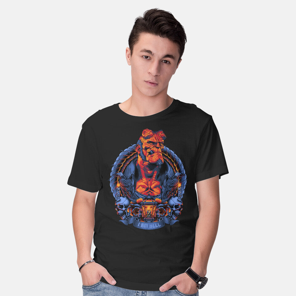 Model wearing black I Am Hell – Movie Graphic T-Shirt