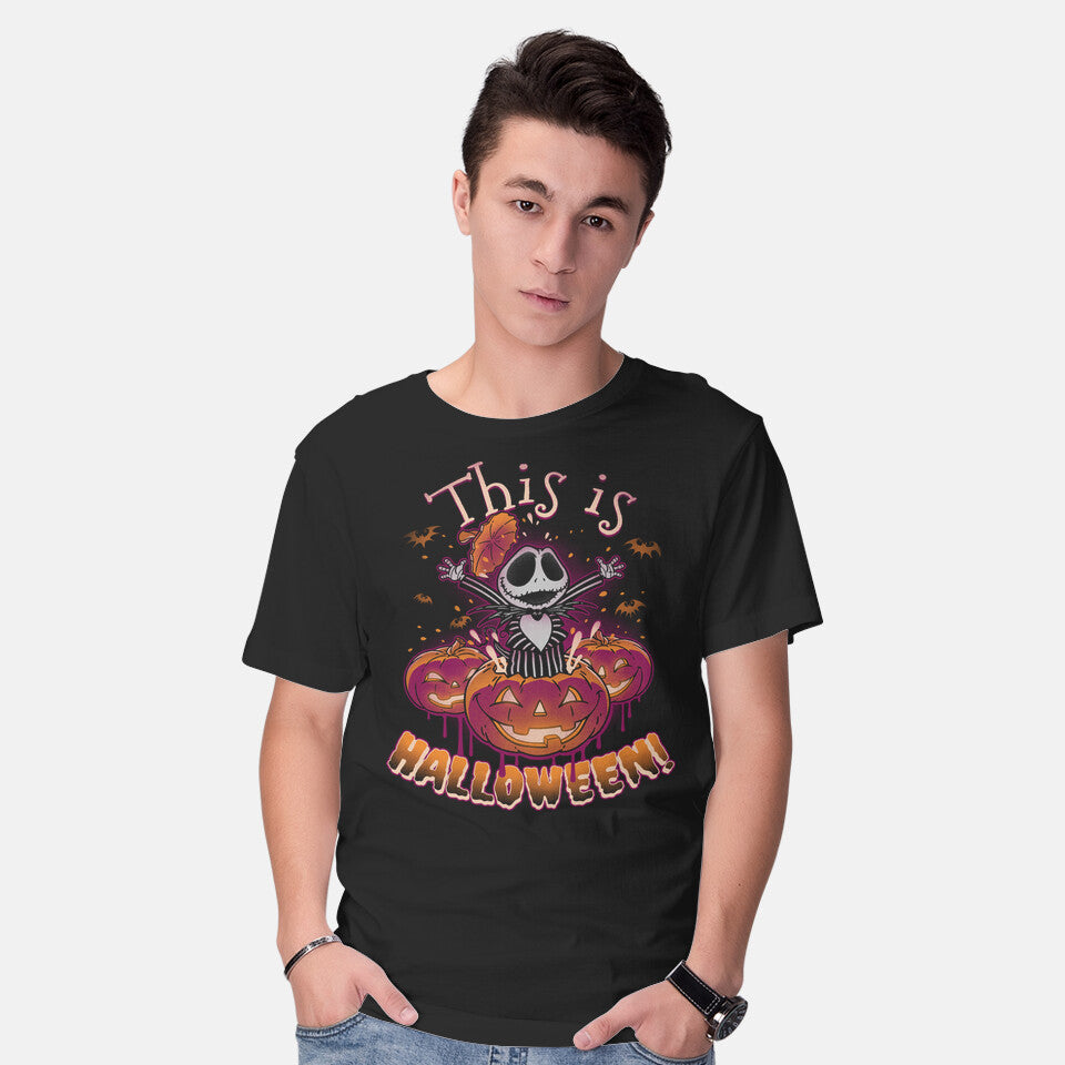 Model wearing black Halloween Surprise – Halloween Graphic T-Shirt
