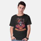 Model wearing black Halloween Surprise – Halloween Graphic T-Shirt