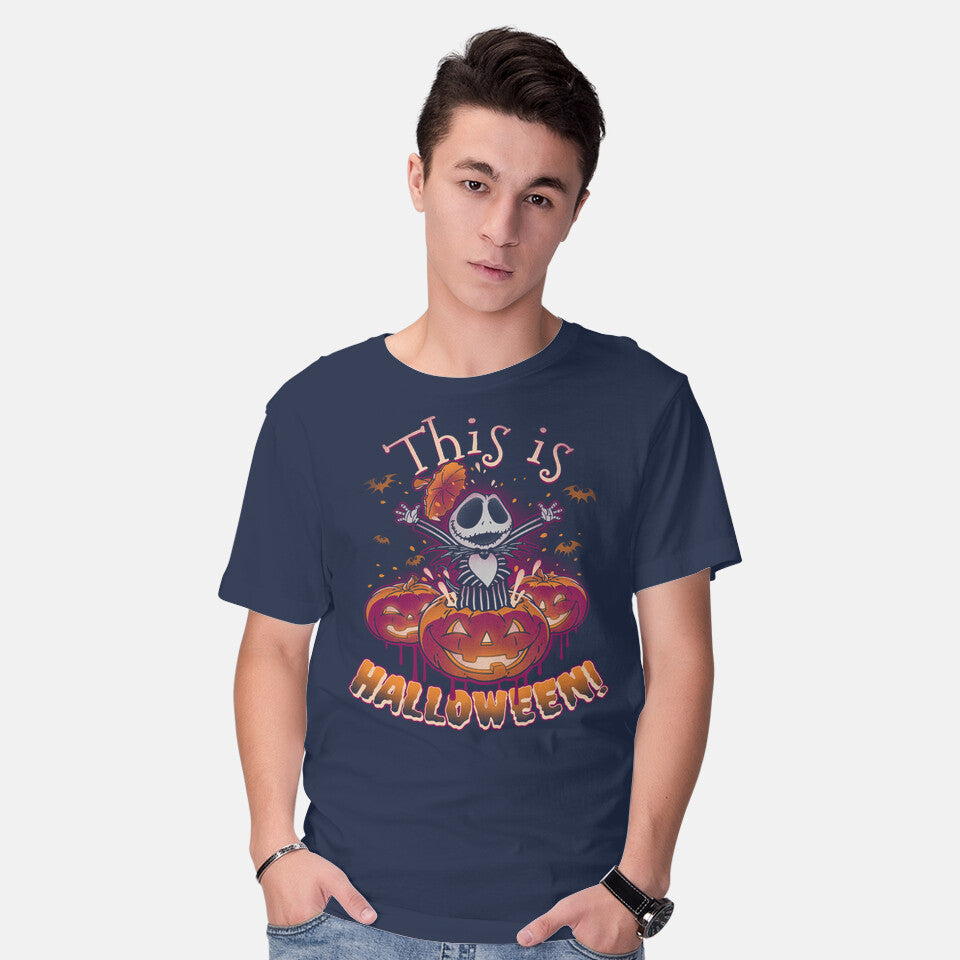 Model wearing navy Halloween Surprise – Halloween Graphic T-Shirt
