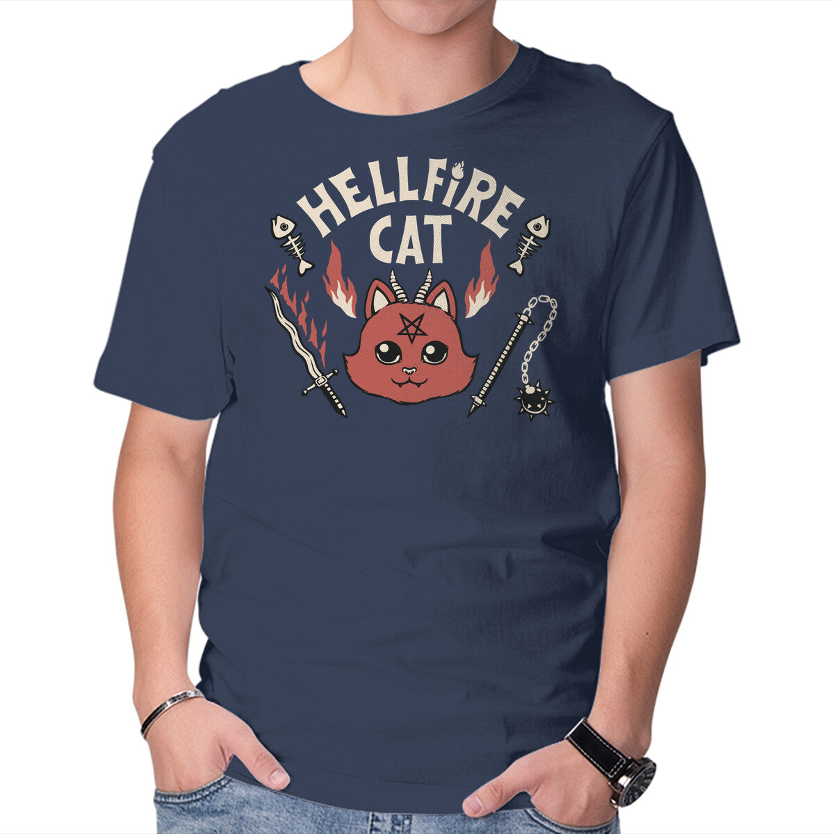 Hell Fire Cat – Cat Graphic T-Shirt in navy, product display