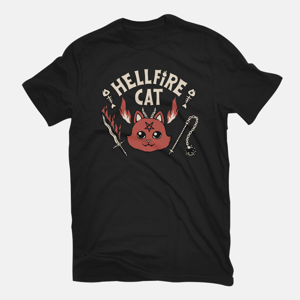 Hell Fire Cat – Cat Graphic T-Shirt in black, flat-lay product view