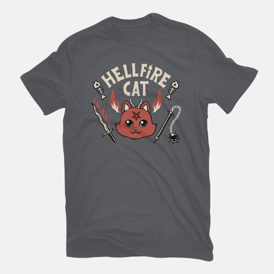 Hell Fire Cat – Cat Graphic T-Shirt in charcoal, flat-lay product view