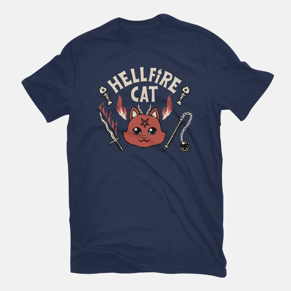 Hell Fire Cat – Cat Graphic T-Shirt in navy, flat-lay product view