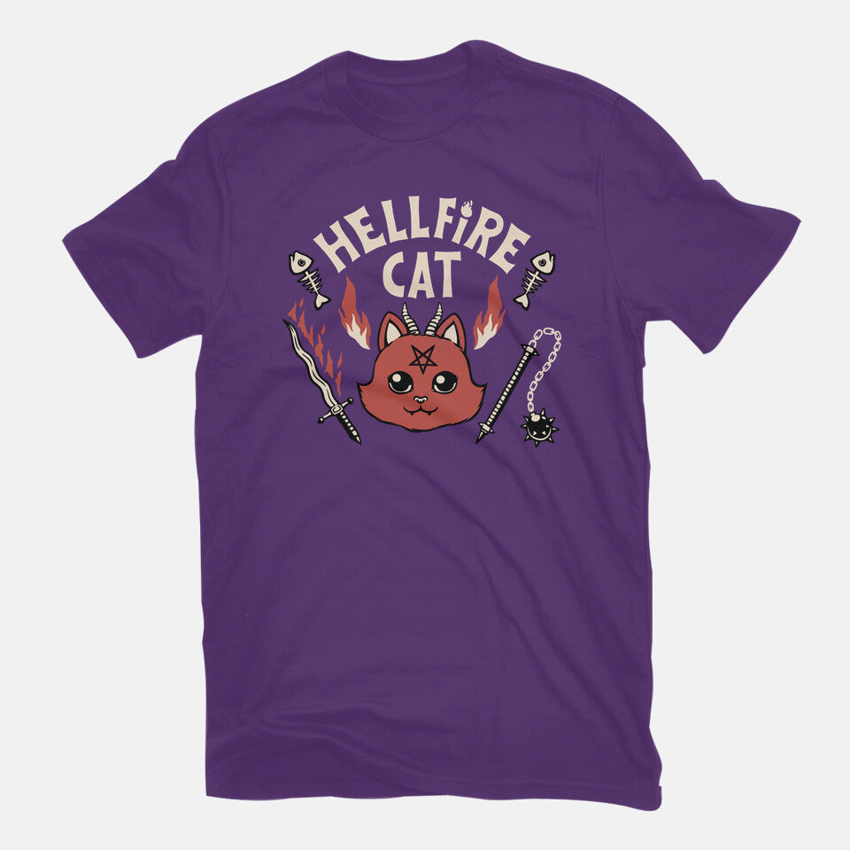 Hell Fire Cat – Cat Graphic T-Shirt in purple, flat-lay product view