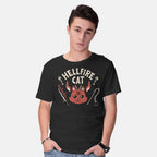 Model wearing black Hell Fire Cat – Cat Graphic T-Shirt