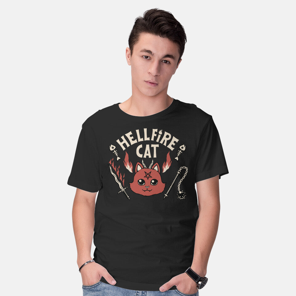 Model wearing black Hell Fire Cat – Cat Graphic T-Shirt