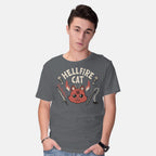 Model wearing charcoal Hell Fire Cat – Cat Graphic T-Shirt