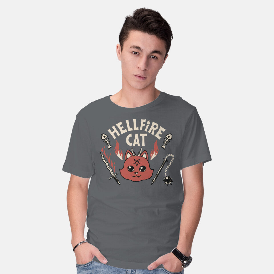 Model wearing charcoal Hell Fire Cat – Cat Graphic T-Shirt