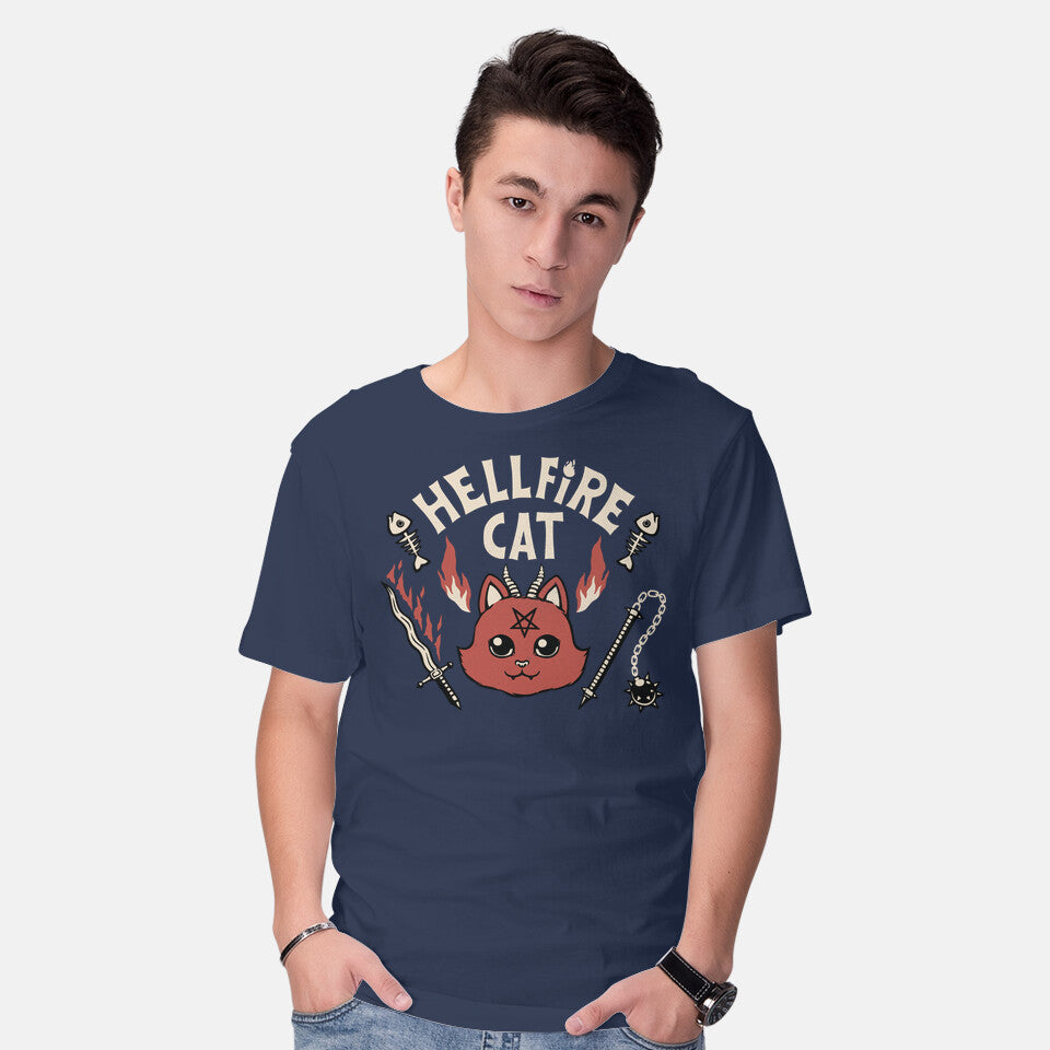 Model wearing navy Hell Fire Cat – Cat Graphic T-Shirt