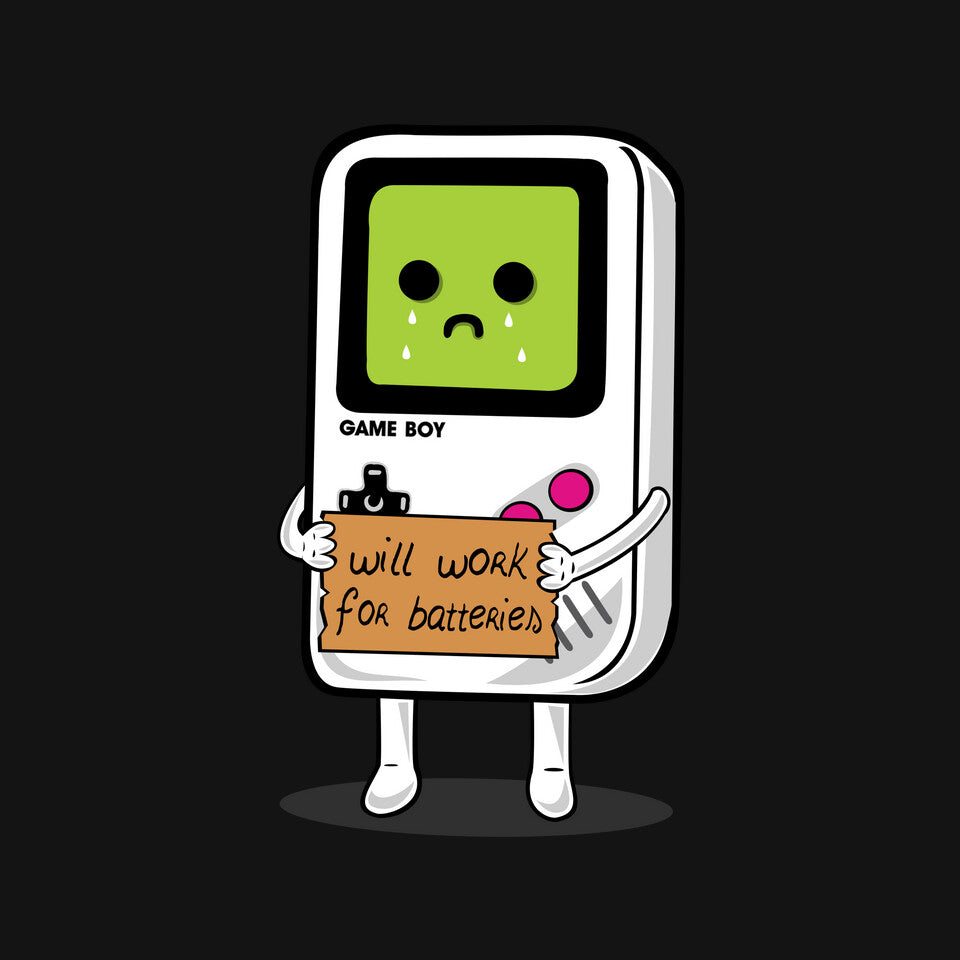 Will Work For Batteries Graphic T-Shirt design artwork for black graphic T-shirt