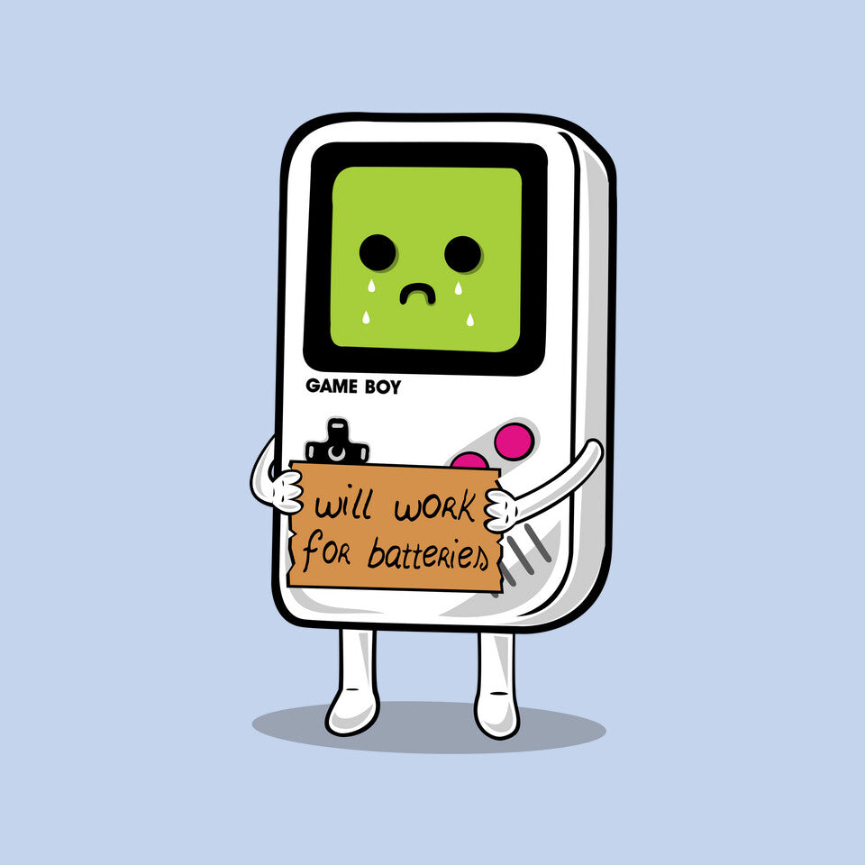 Will Work For Batteries Graphic T-Shirt design artwork for blue graphic T-shirt