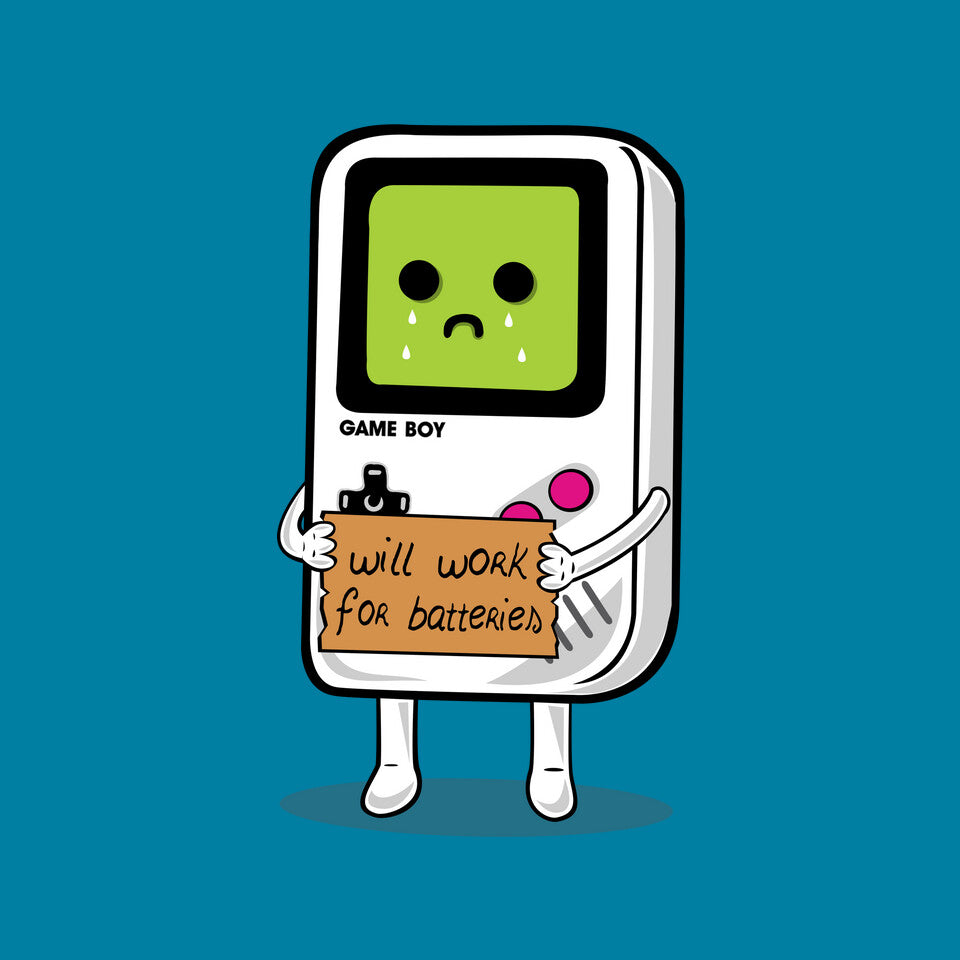 Will Work For Batteries Graphic T-Shirt design artwork for turquoise graphic T-shirt