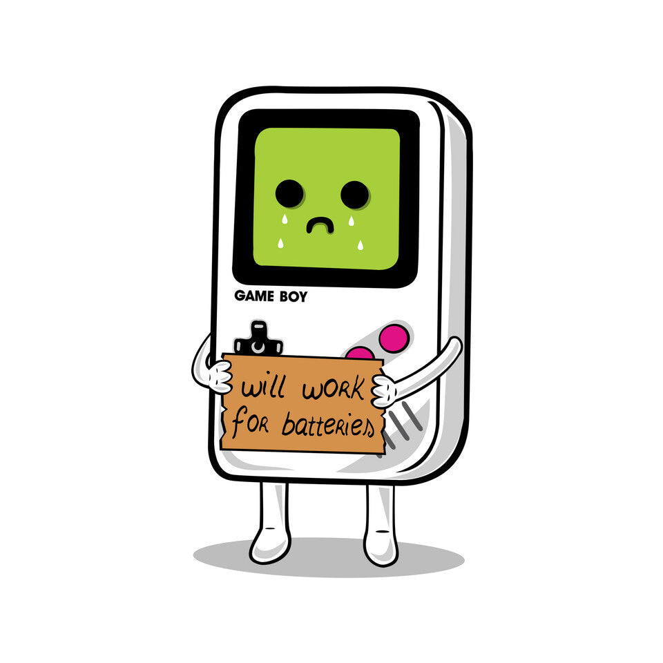Will Work For Batteries Graphic T-Shirt design artwork for white graphic T-shirt