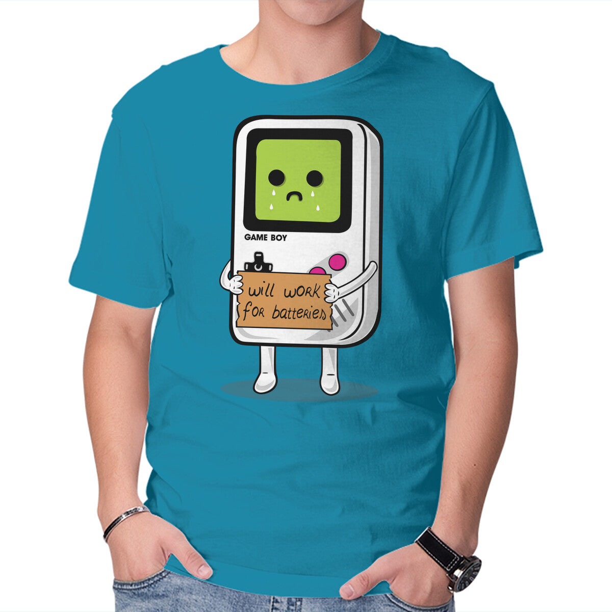 Will Work For Batteries Graphic T-Shirt in turquoise, product display