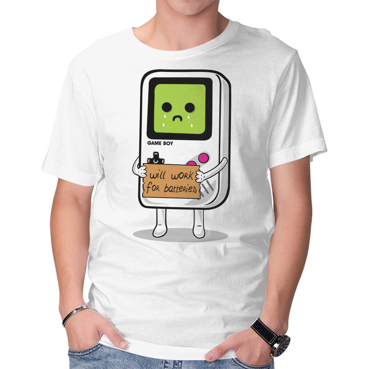 Will Work For Batteries Graphic T-Shirt in white, product display