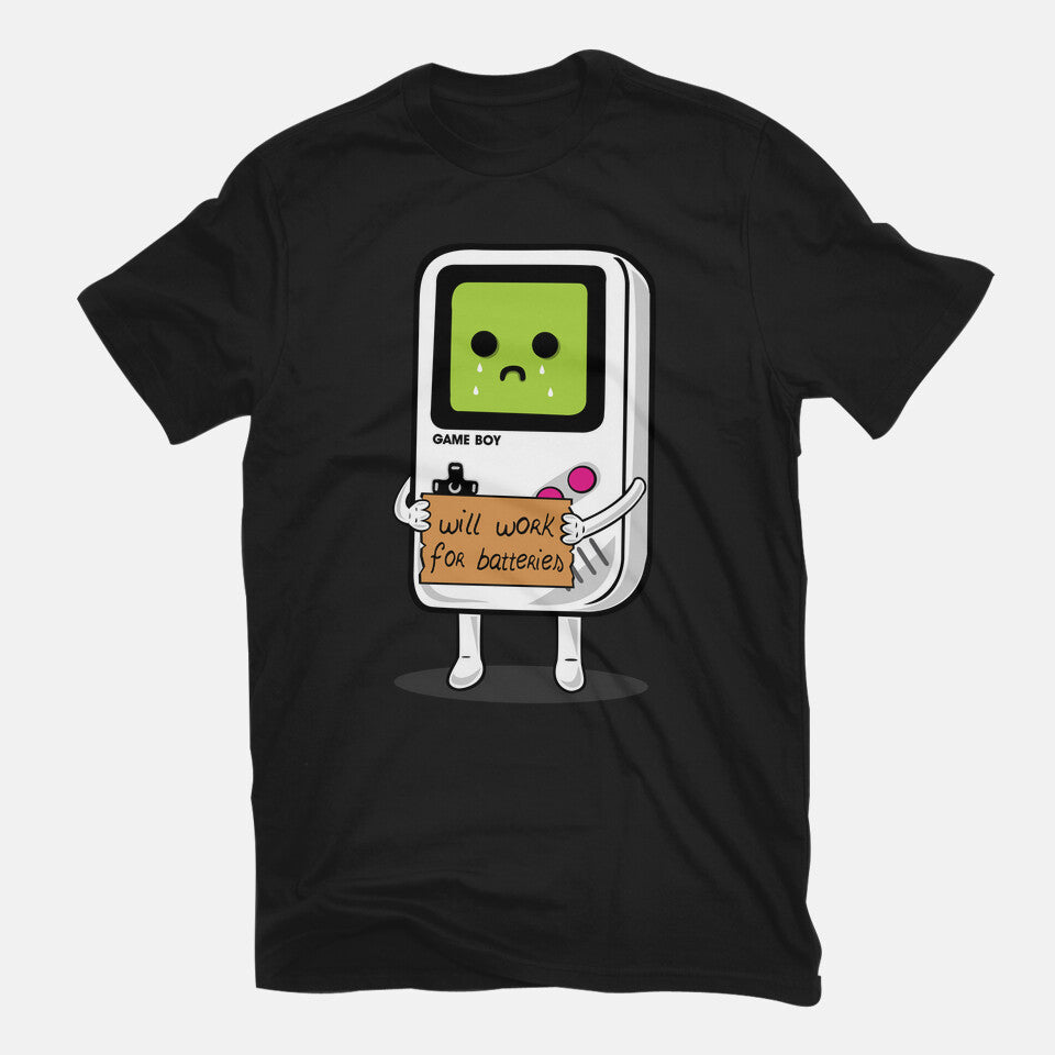 Will Work For Batteries Graphic T-Shirt in black, flat-lay product view