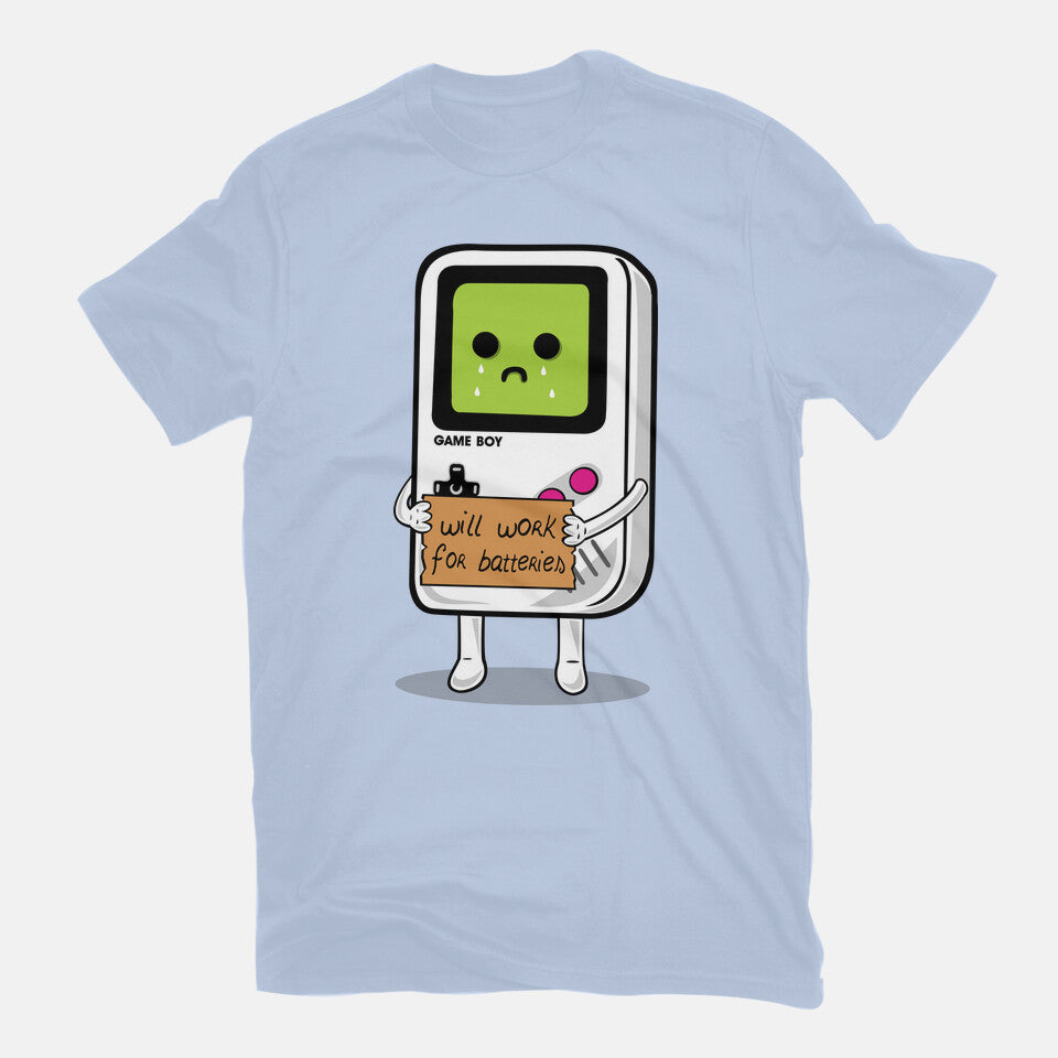 Will Work For Batteries Graphic T-Shirt in blue, flat-lay product view