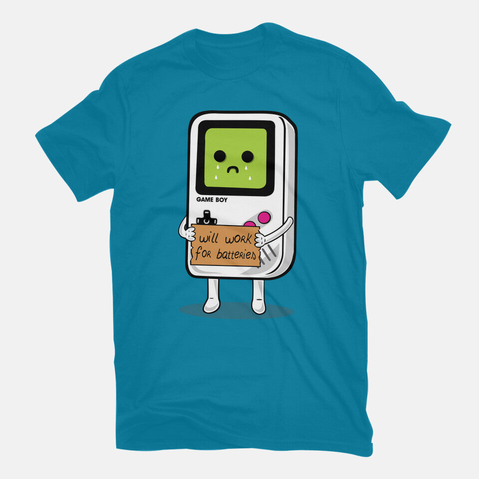 Will Work For Batteries Graphic T-Shirt in turquoise, flat-lay product view
