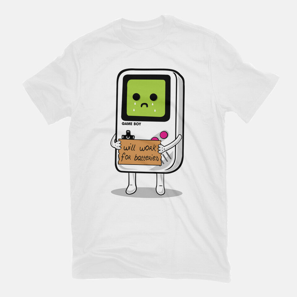Will Work For Batteries Graphic T-Shirt in white, flat-lay product view