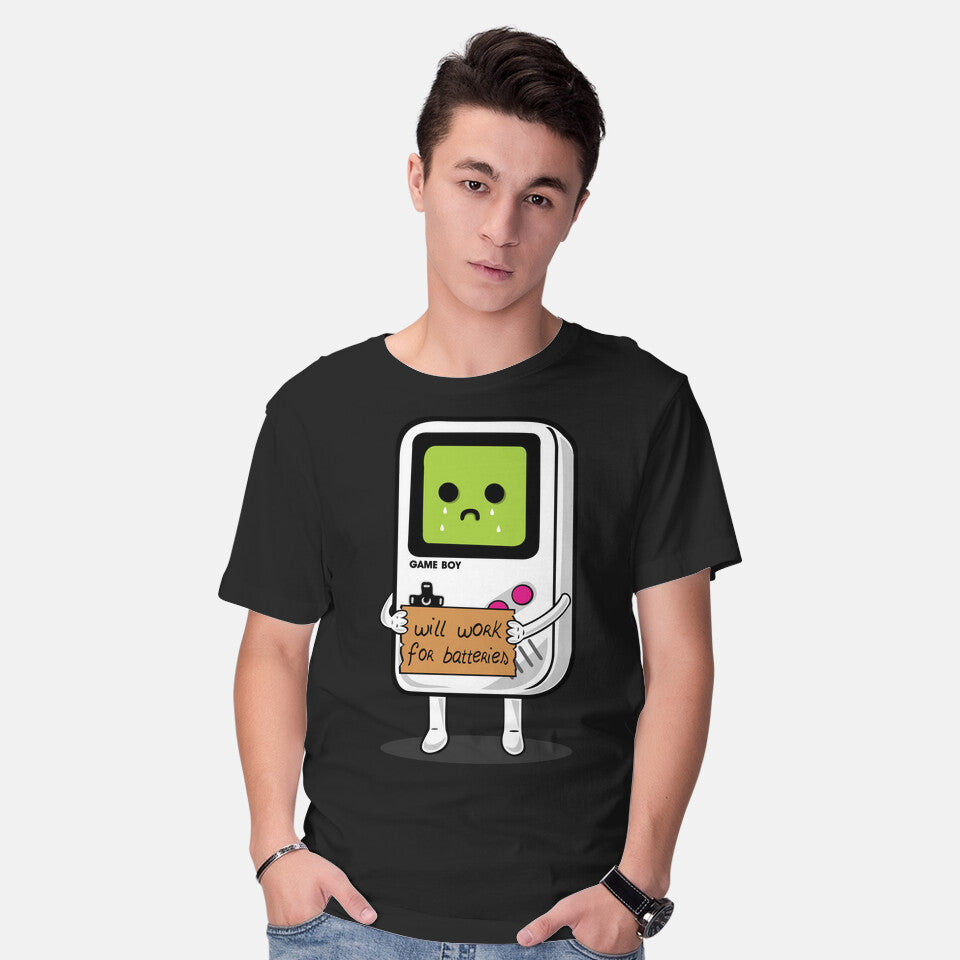 Model wearing black Will Work For Batteries Graphic T-Shirt