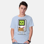 Model wearing blue Will Work For Batteries Graphic T-Shirt